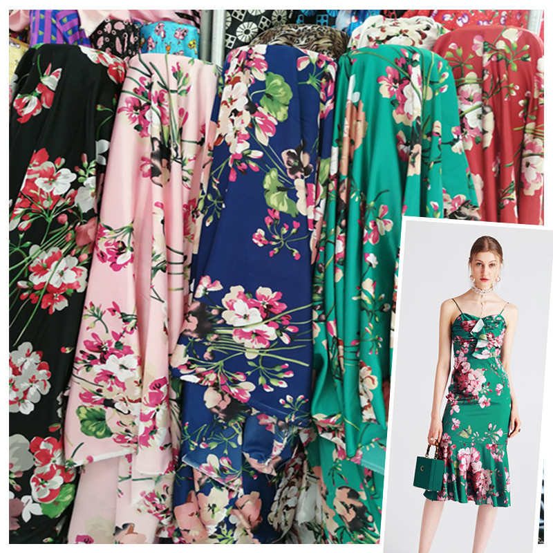 大花色丁印花面料丝绸绸缎旗袍老式被套布料家居服包头巾丝带头饰