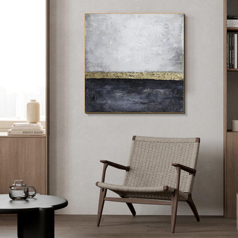 纯手绘油画轻奢金箔客厅装饰画简约抽象玄关壁画蓝色海浪肌理挂画