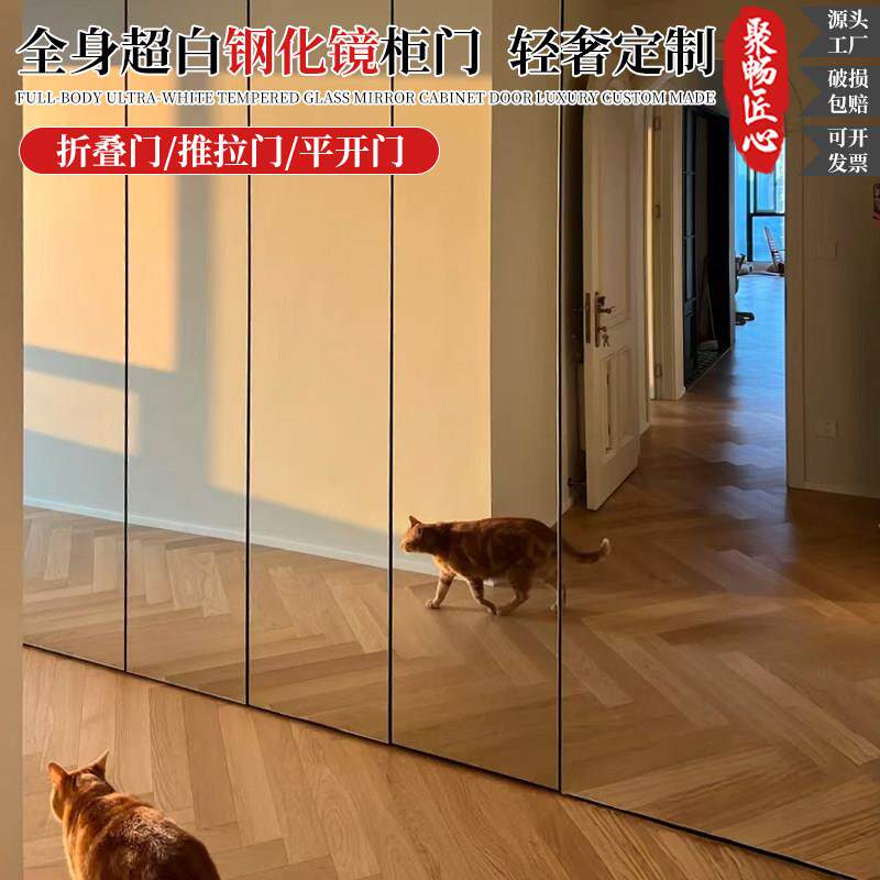 极简全隐镜面镀膜折叠玻璃柜门储物间镜子门衣帽间镜子改装门定制