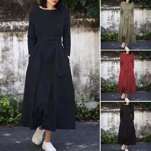 Cotton women's pocket long sleeved lace up long dress