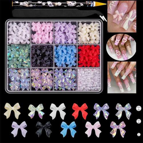 12Grids/Box Mixed Resin Bowknot Nail Charms 3D Colorful Bow