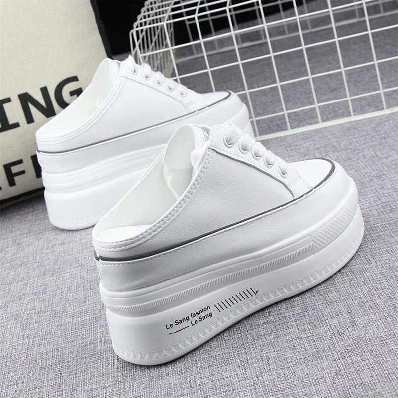 包头无后跟内增高10cm半拖鞋女2021春夏外穿厚底懒人小白鞋一脚蹬