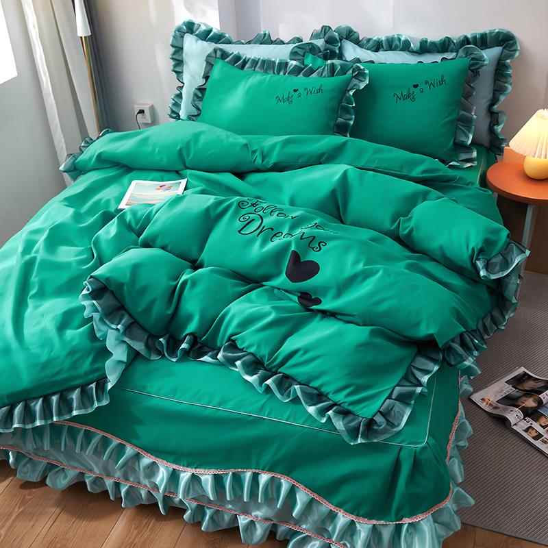 正品韩版全棉纯棉式床裙四女件套主风纯色被套少心斜纹裸公睡床上