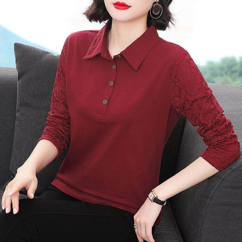 纯棉长袖t恤女2025春秋装新款宽松显瘦中老年妈妈蕾丝打底衫上衣