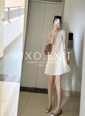 RIXO EXIT法式圆领蕾丝镂空高级感连衣裙名媛气质无袖百褶背心裙