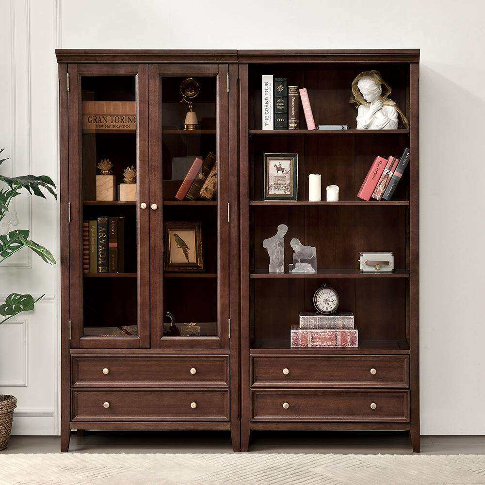 美式双门书柜实木家用书橱书架两门展示柜客厅带玻璃落地储物酒柜