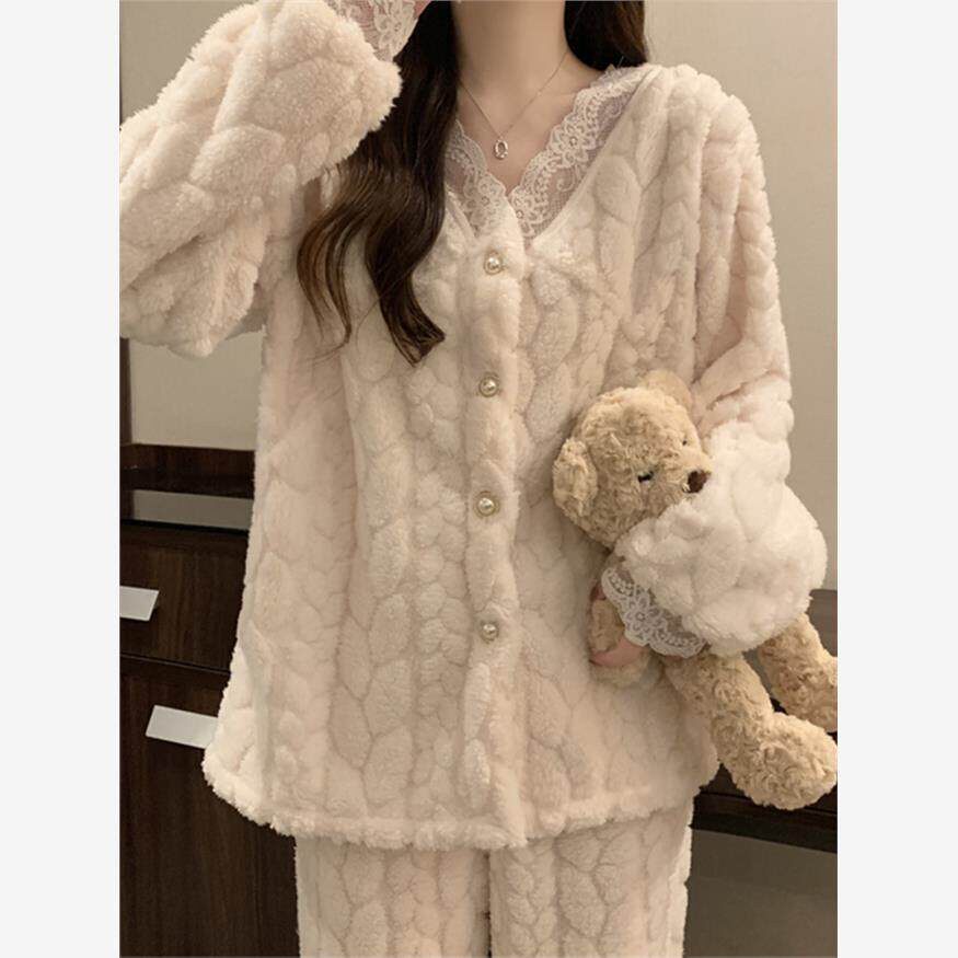 韩国新款秋冬季睡衣女士珊瑚绒加绒加厚蕾丝长袖法兰绒家居服套装