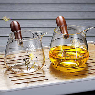 高硼硅公道杯玻璃分茶器家用茶具茶海匀杯侧把公道杯木手柄公道杯