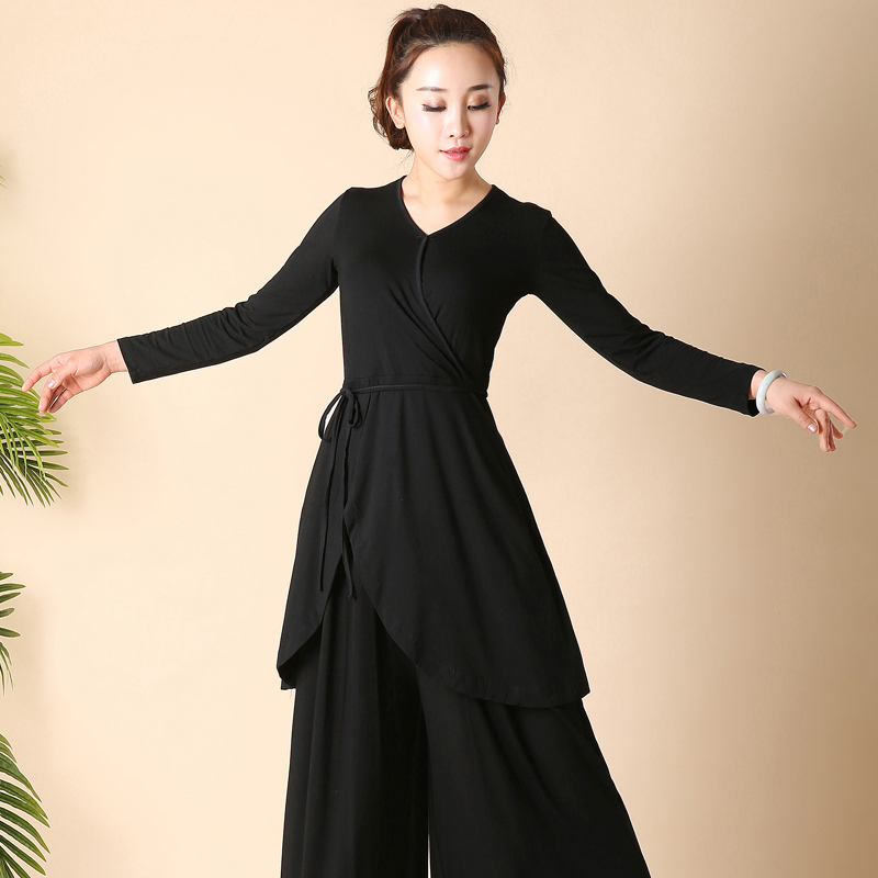 花竹蝶新款长袖V领瑜伽服上衣加长款健身服莫代尔练功舞蹈服春夏