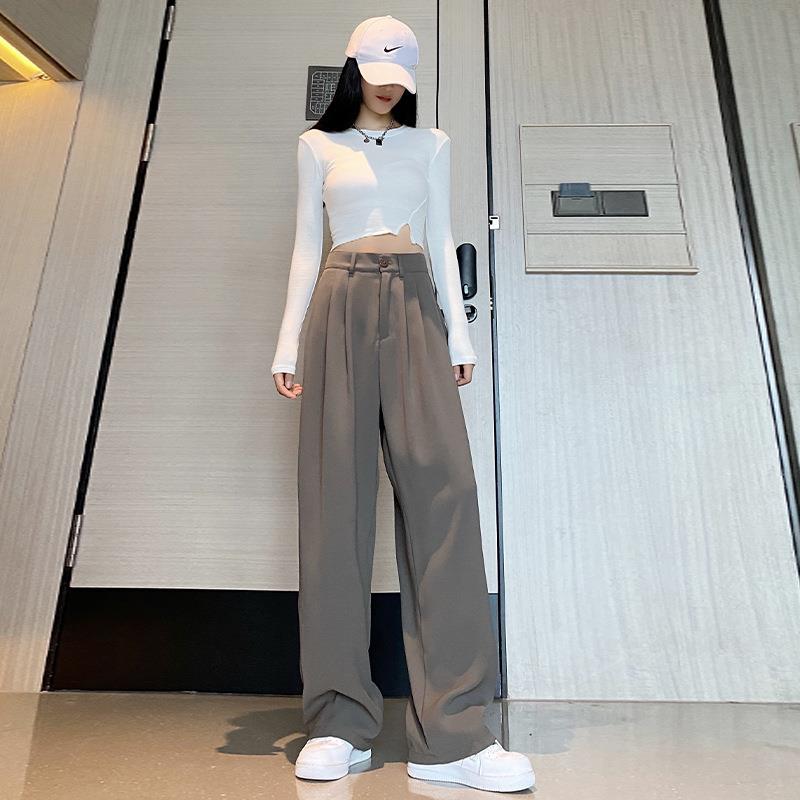 卡其宽松西装阔腿裤女2025春秋新款垂坠感高腰直筒显瘦拖地休闲裤