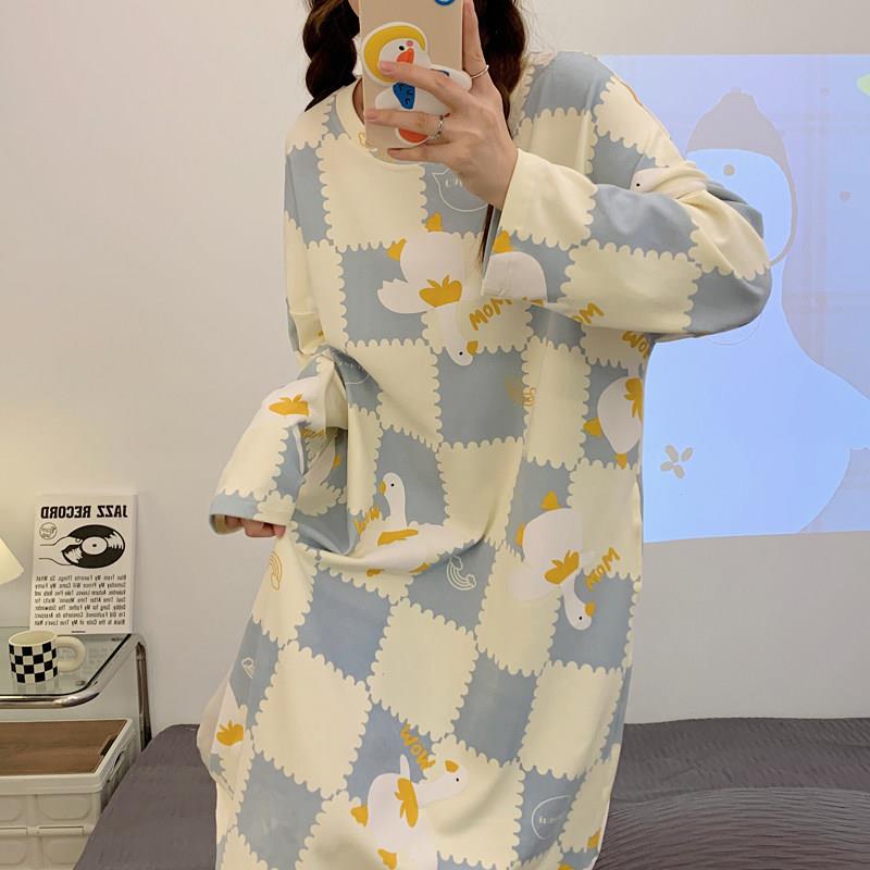 2025年新款睡裙女春秋季夏款长袖格子大白鹅睡衣连衣裙小个子