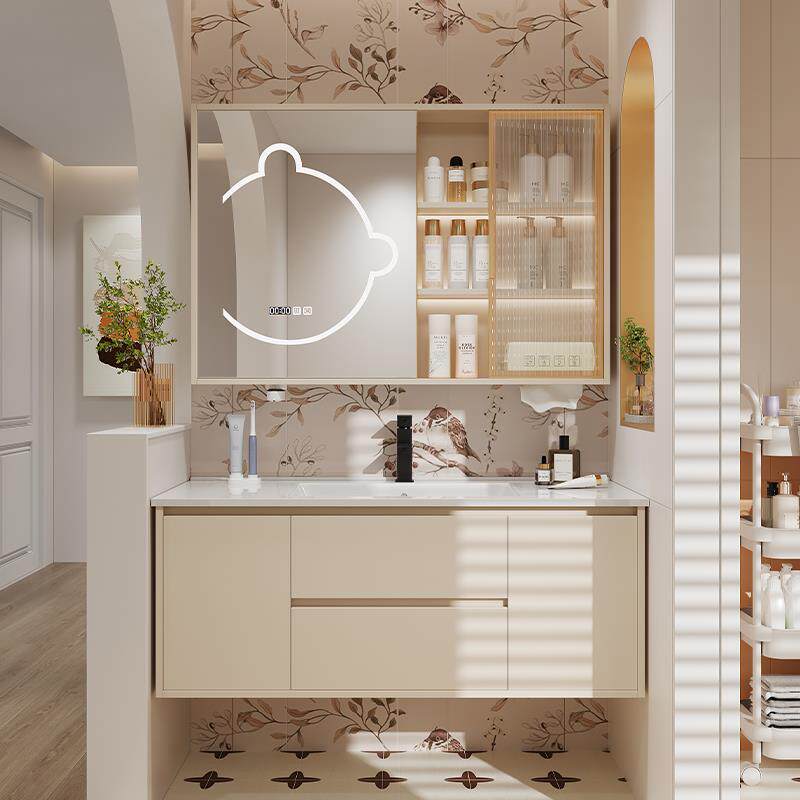 卫生间奶油风实木75/85/95/105/115CM陶瓷一体盆挂墙式浴室柜组合
