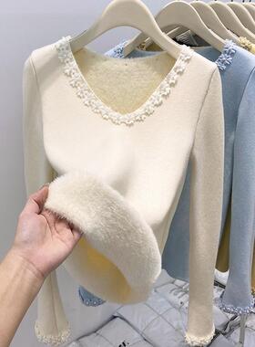 秋冬钉珠v领加绒加厚长袖针织毛衣女修身打底衫绝美小上衣1215z