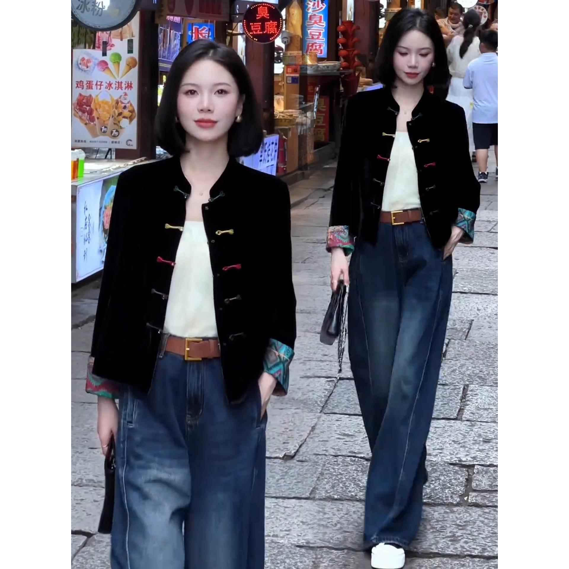 香港代购双面穿丝绒提花短外套女秋新款洋气显瘦国风盘扣立领上衣
