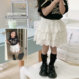 女童短裙白色半身裙裤，2024夏装韩版时髦儿童蕾丝花边蛋糕裙子