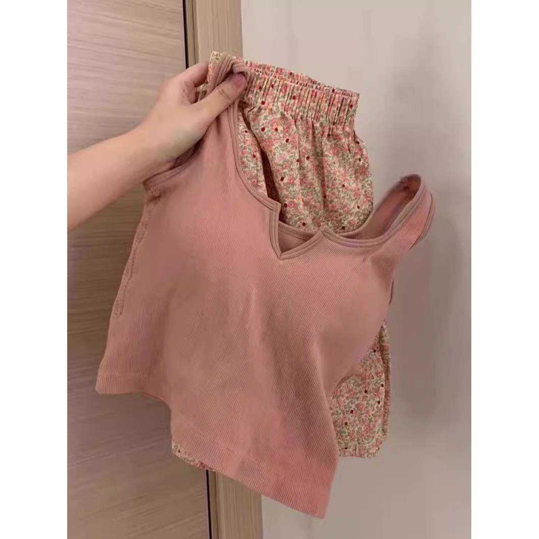 甜美带胸垫吊带睡衣女夏季运动背心碎花短裤可外穿纯棉家居服套装
