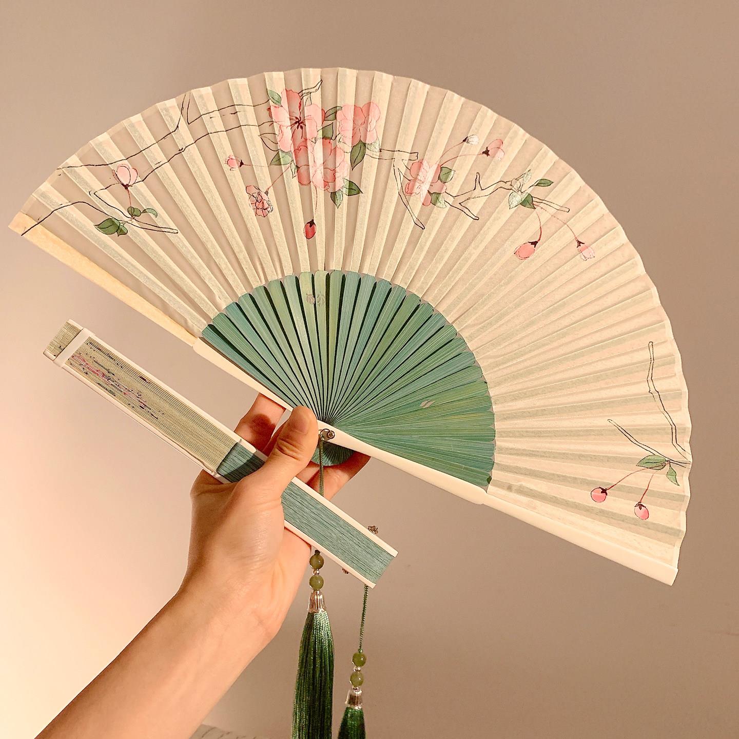 古风海棠新中式折叠扇子女夏天便携中国风汉服舞蹈绿色小竹扇家用