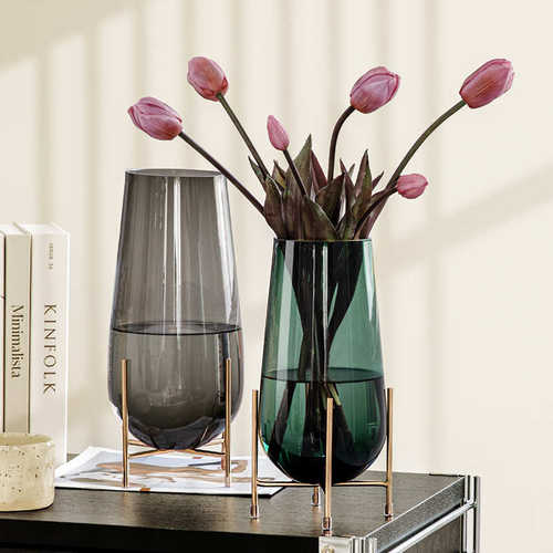 视远花瓶中古玻璃插花高级感轻奢创意金属支架客厅摆件龙柳马醉木