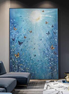 《蓝海梦蝶》蝴蝶入户玄关客厅纯手绘挂画蓝色大海装饰画