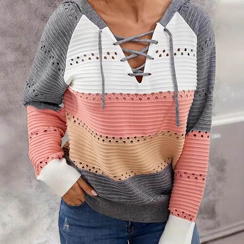 Striped hooded knitted pullover top, women's color blocked
