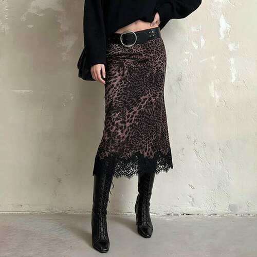 Elegant Leopard Print Lace Trim Straight Tube Skirt, Casual