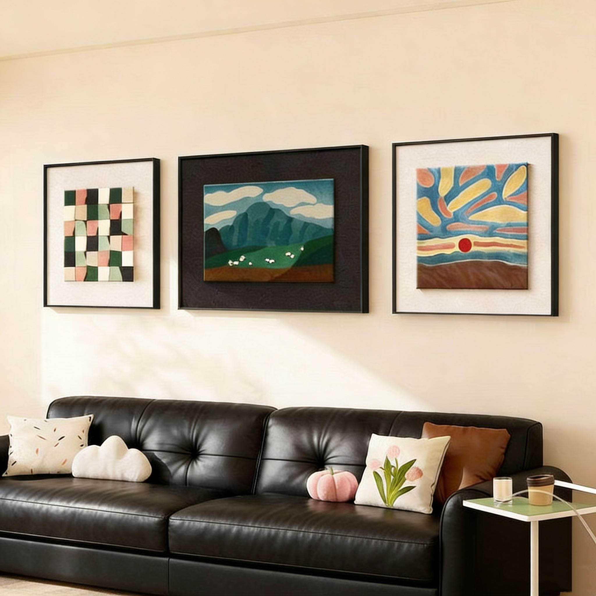 中古风背有靠山客厅装饰画高级感沙发背景墙挂画艺术风景三联壁画