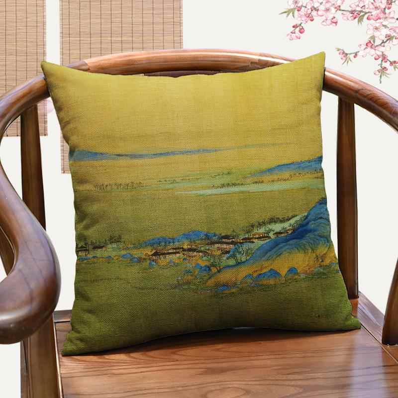 正品千枕里江山新中式禅意山水靠抱红木椅子靠垫茶室亚麻腰图枕客