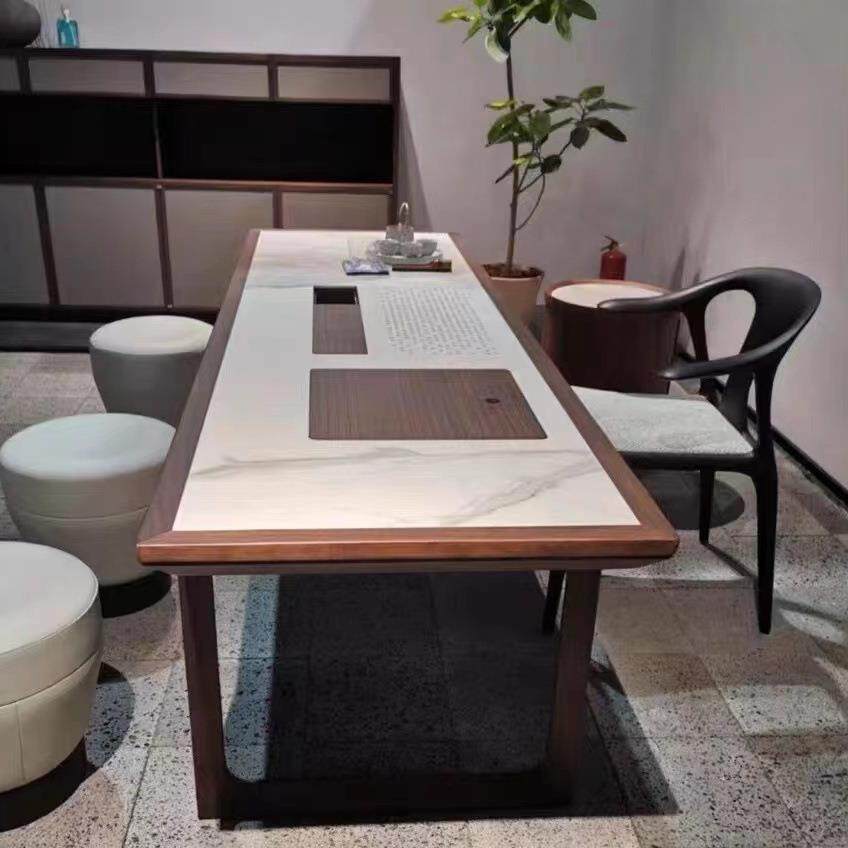 黑胡桃木长方形茶台北欧现代简约大理石实木餐桌岩板泡茶桌佛山