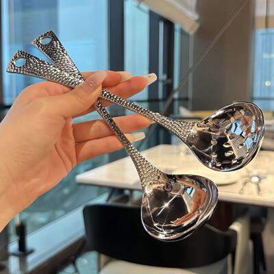 Stainless Steel Soup Spoon and Slotted Spoon, Trendy Long-Ha