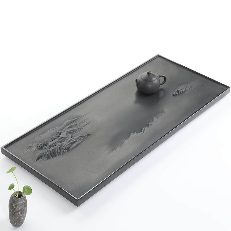 乌金石茶盘桌面天然整块浮雕排水式托盘轻奢家用功夫茶台石板茶海