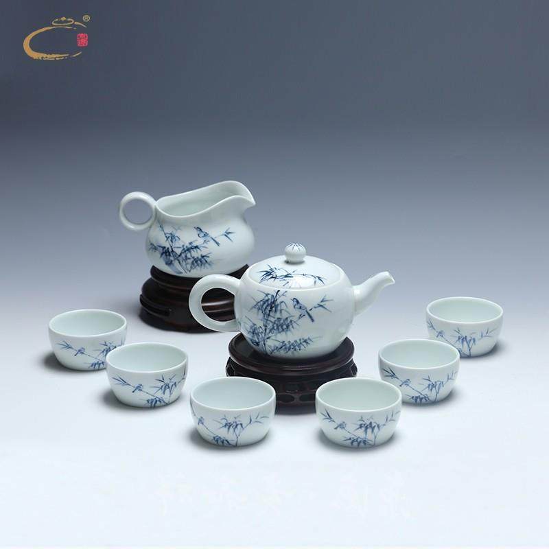正品京德贵祥超值手绘青花瓷竹景鸟壶整茶具德镇和功夫套套装组合