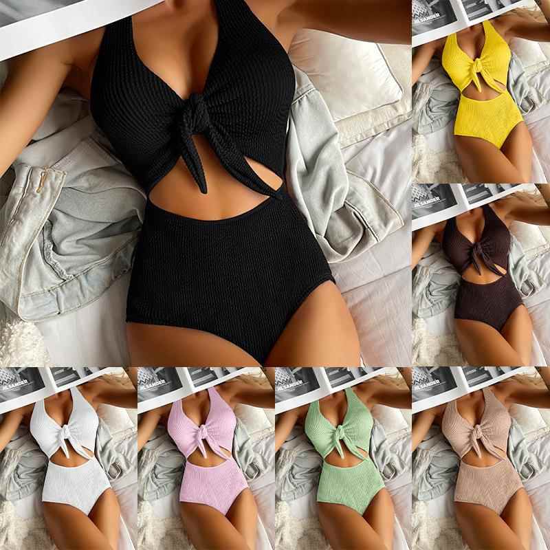 Sexy one-piece swimsuit beach solid color halter neck