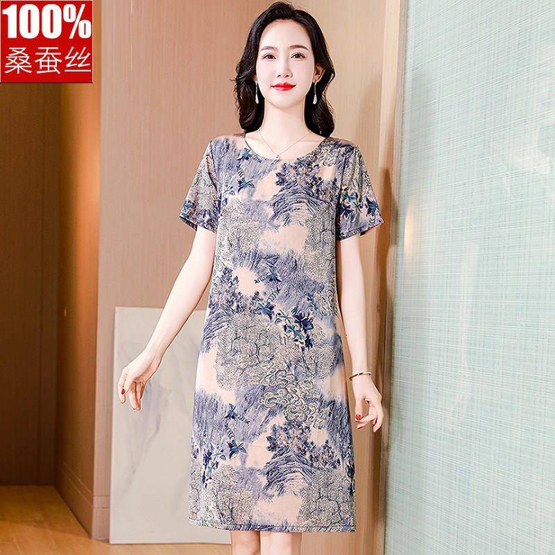 中年妈妈杭州真丝洋装气质中老年夏装新款桑蚕丝裙子洋派