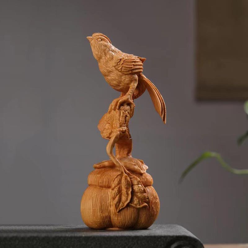 崖柏木雕喜获丰收花鸟摆件 新中式喜鹊登梅喜事连连家居客厅装饰