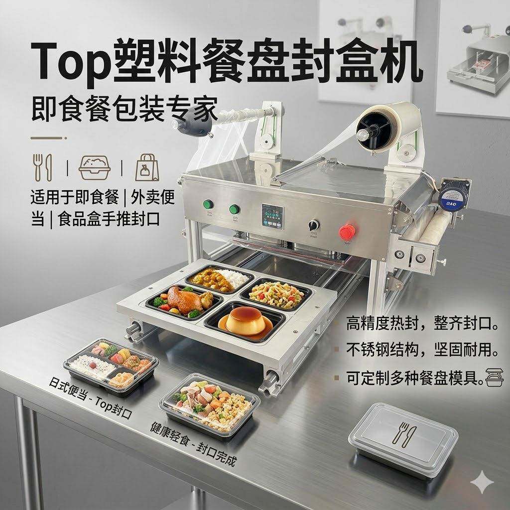 Top塑料餐盘封盒机餐盘封口设备食品包装即食餐盘封口机
