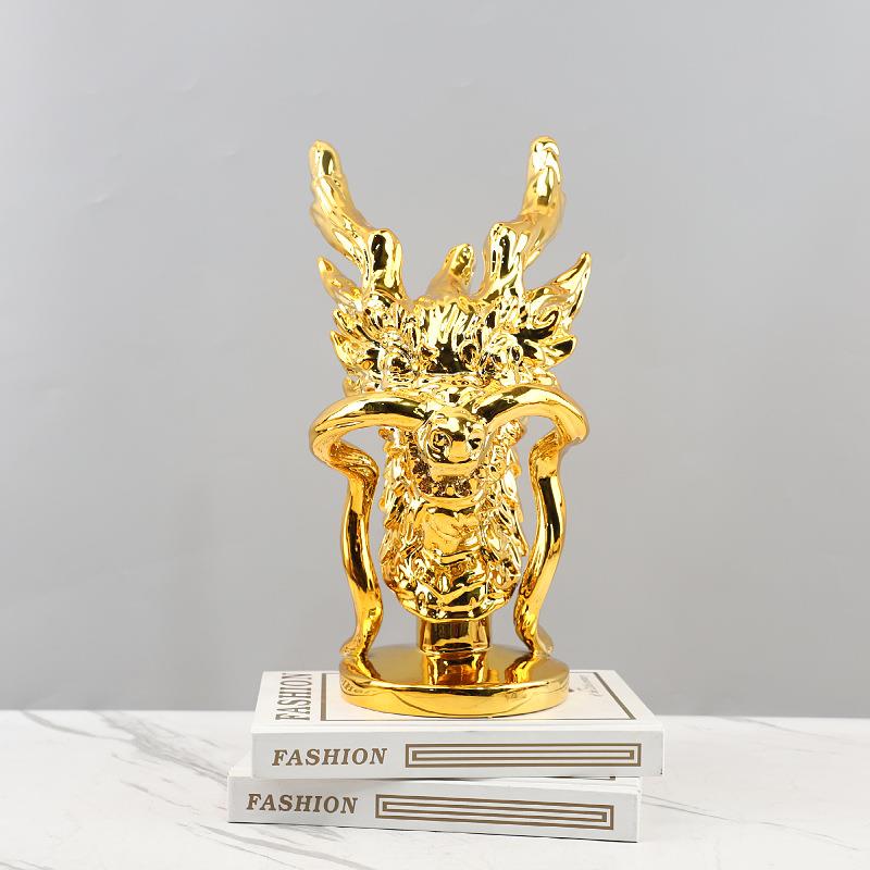现代简约树脂电镀金色龙头雕塑艺术装饰摆件酒店电视柜家居装饰品