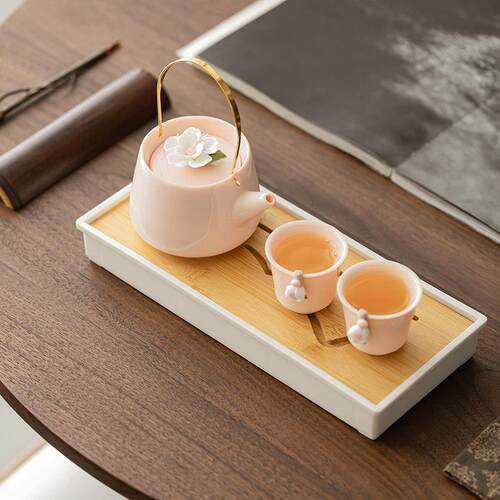 粉色茶具套组家用陶瓷茶壶提梁壶女生喝茶茶杯轻奢手工捏花可爱
