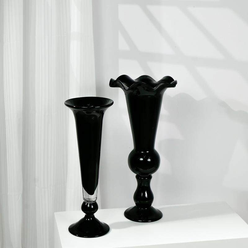 复古摆件简约黑色玻璃艺术烛台家居样板软装饰品花瓶极简风