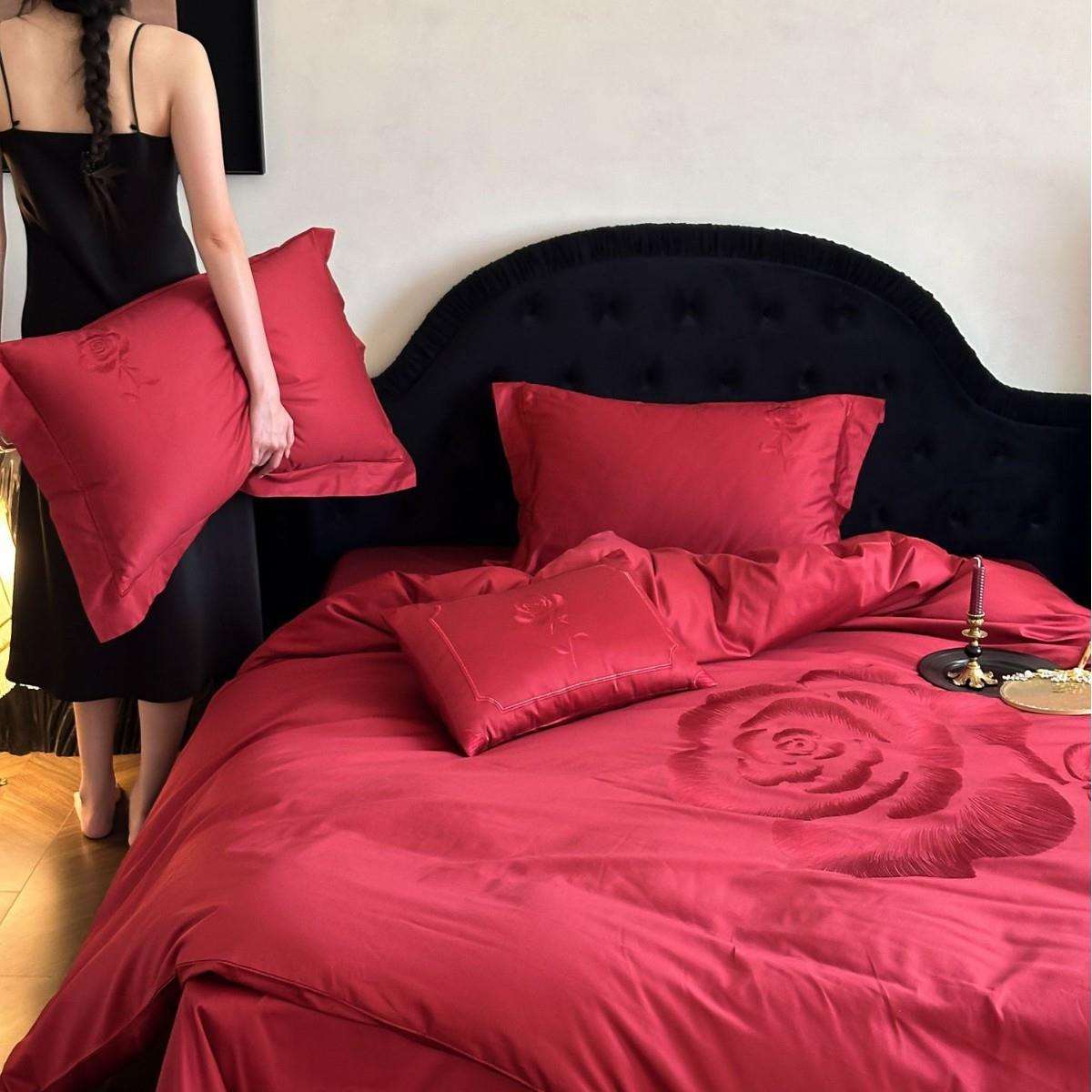 玫瑰期许长绒棉绣花被套床单结婚全棉四件套刺绣蕾丝花边婚庆床品