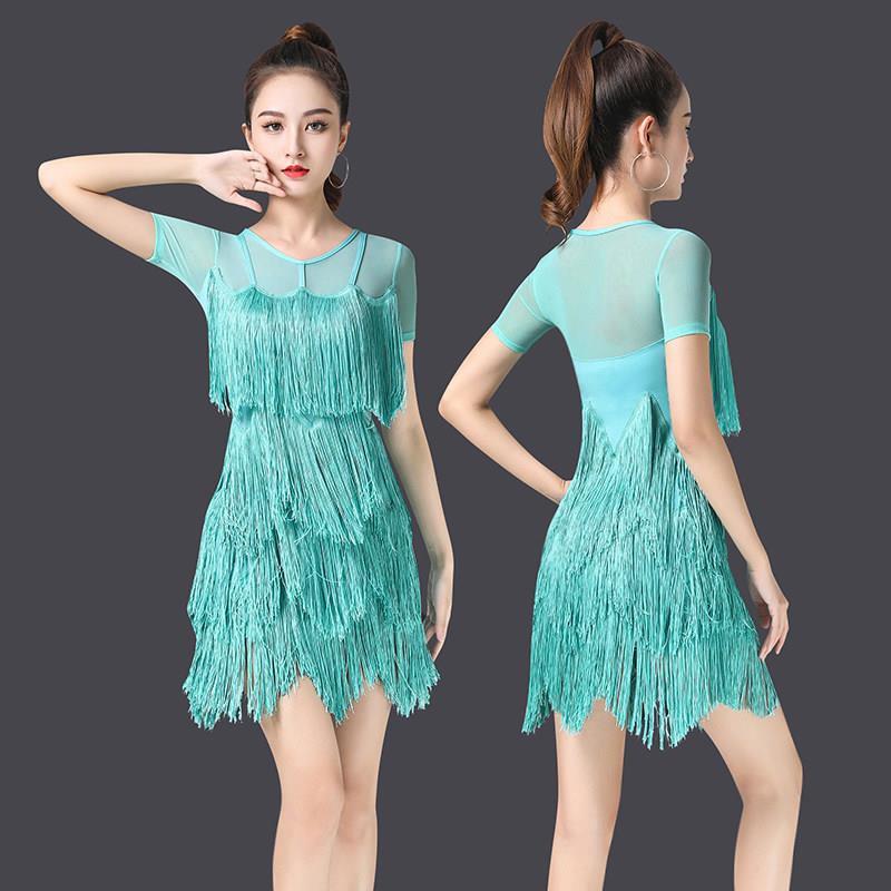 拉丁舞服女练功服新款训练舞蹈性感洋装专业套装多层流苏演出服