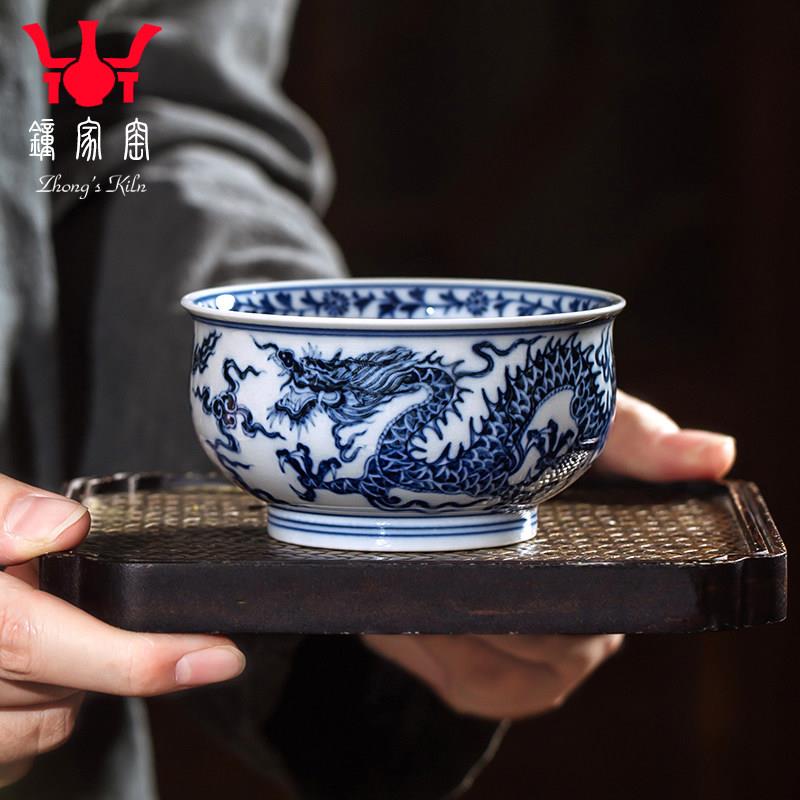 钟 钟家窑青花柴窑主人杯手工茶杯景德镇陶瓷手绘龙纹个人高档茶
