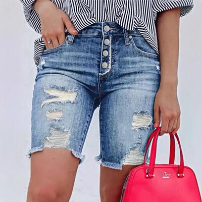 Ladies' ripped elastic denim jeans, high denim
