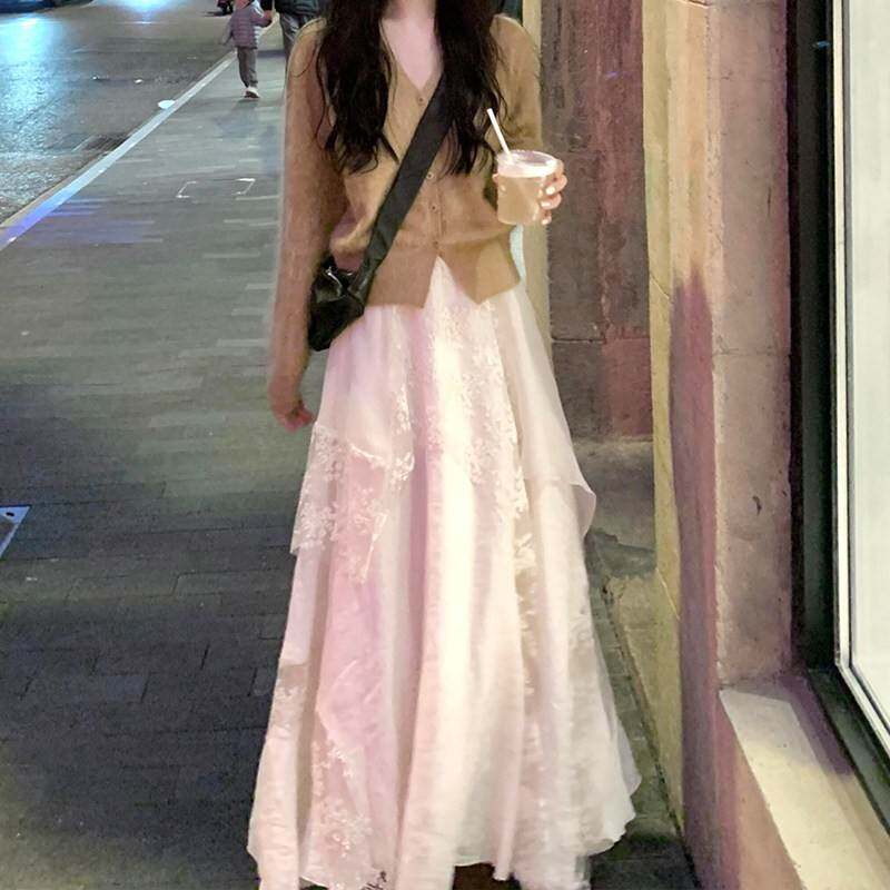 白色蕾丝大摆裙女设计感花边不规则半身裙a字大尺码胖mm长版纱裙