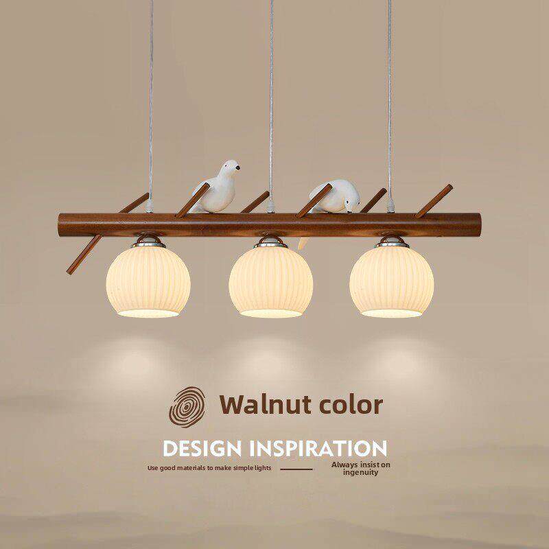 餐厅吊灯三头新中式覆古长条吧台灯餐桌饭厅灯胡桃色小鸟装饰灯具
