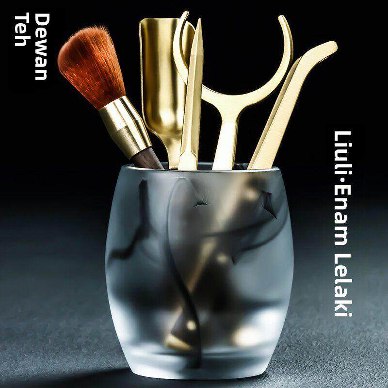 水墨琉璃六君子套装铜木茶杯茶夹茶勺茶针古法冰冻烧茶道茶具配件