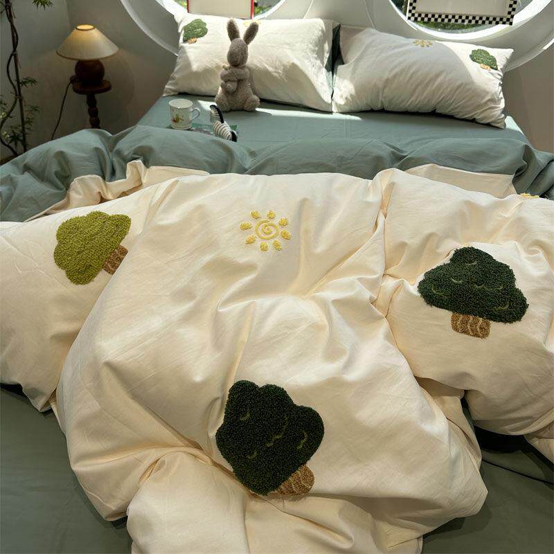 100支轻磨毛卡通小树磨毛毛巾绣四件套全棉纯棉1.5m1.8米床单被套