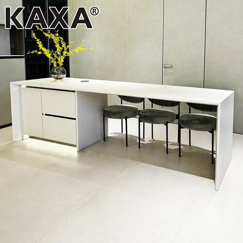 KAXA定制25mm桌面斜边齐平岩板岛台餐桌一体家用餐桌简约纯白导台