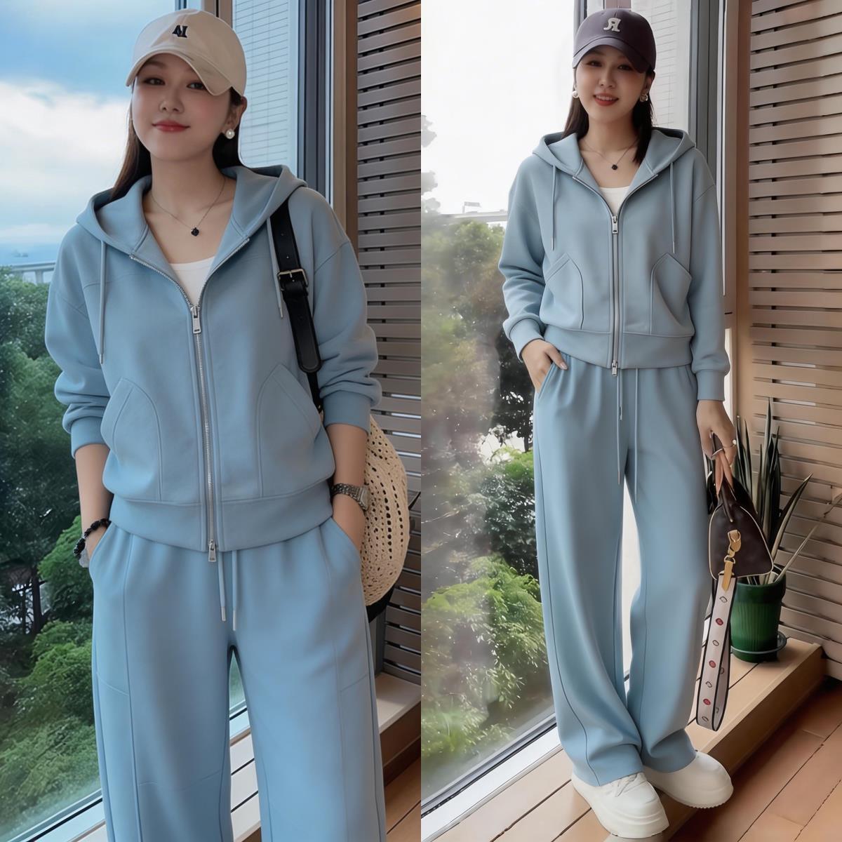 韩版休闲运动套装女2026春秋新款大口袋连帽开衫卫衣阔腿裤两件套