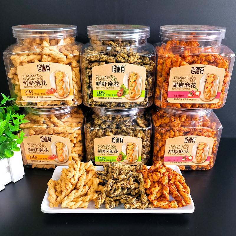 现货珍德有鲜虾麻花海苔味300g罐装香辣蟹黄味网红休闲 办公室零