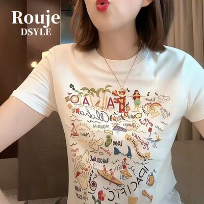法国Rouje Dsyle彩色印花白色短袖T恤女夏新款别致多巴胺穿搭上衣